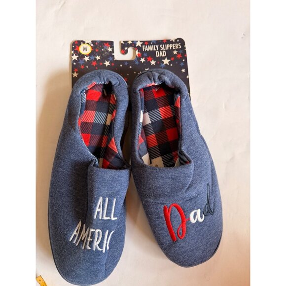 All American Dad Family Slippers Medium Blue Plaid Cozy Indoor House Shoes - Picture 3 of 6